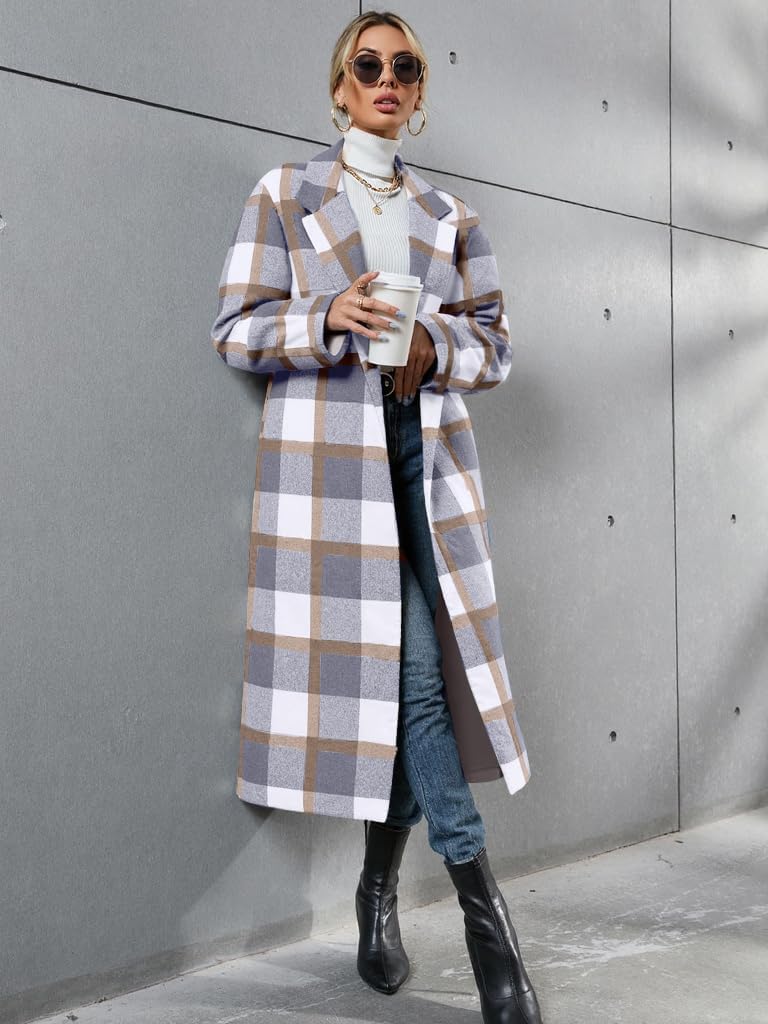 Women's Plaid Wool Coat Shacket Jacket Casual Long Sleeve Laple Button Down Flannel Trench Coats - Image 2