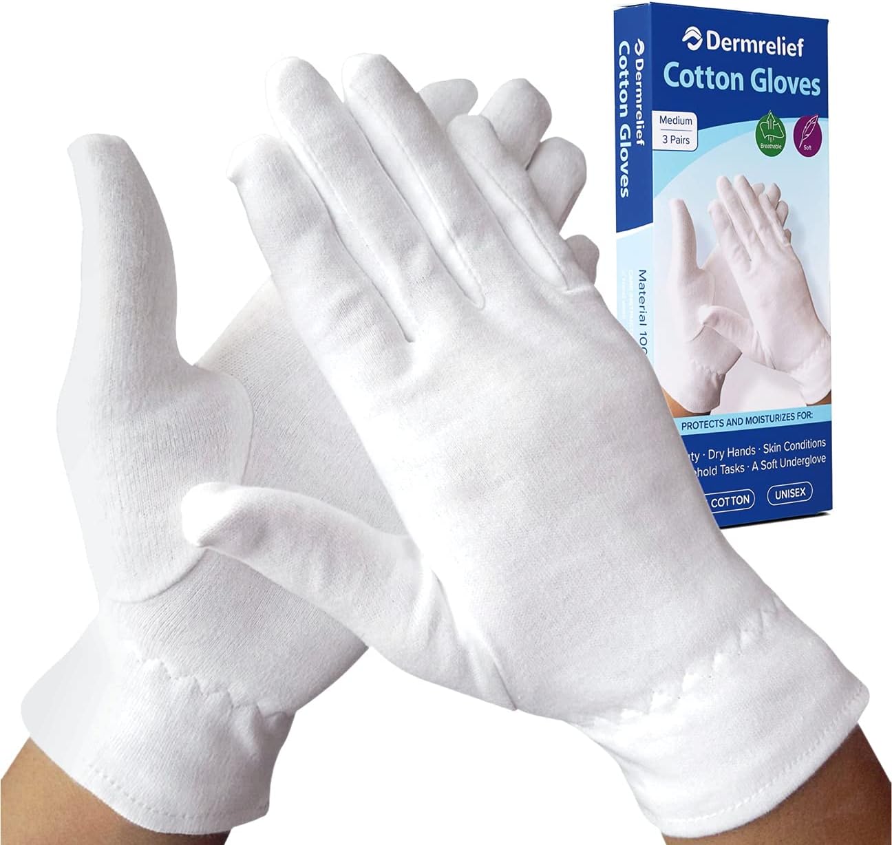 Cotton Gloves - for Beauty, Dry Hands, Eczema, Dermatitis and Psoriasis (Medium, 3 Pairs)