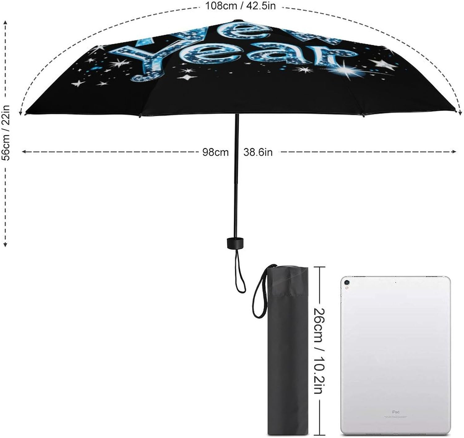 Happy New Year Shiny Blue Snowflakes Travel 3 Folding Umbrella Windproof Rain Sun Manual Opening And Closing Umbrellas