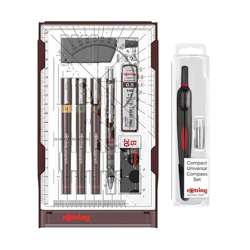 rOtring Isograph S0699370 Technisches Stifte-Set & Bleistift College-Set | 3 Stifte (0,20 mm, 0,30 mm, 0,50 mm) und Druckbleistift (0,5 mm) | Zubehör mit kompaktem Universalzirkel