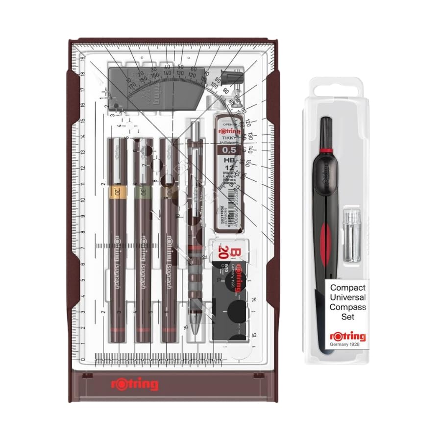 rOtring Isograph Technical Pen Set & Pencil College Set S0699370 | 3 Pens (0.20mm, 0.30mm, 0.50mm) and Mechanical Pencil (0.5mm) | Accessories with with Compact Universal Compass