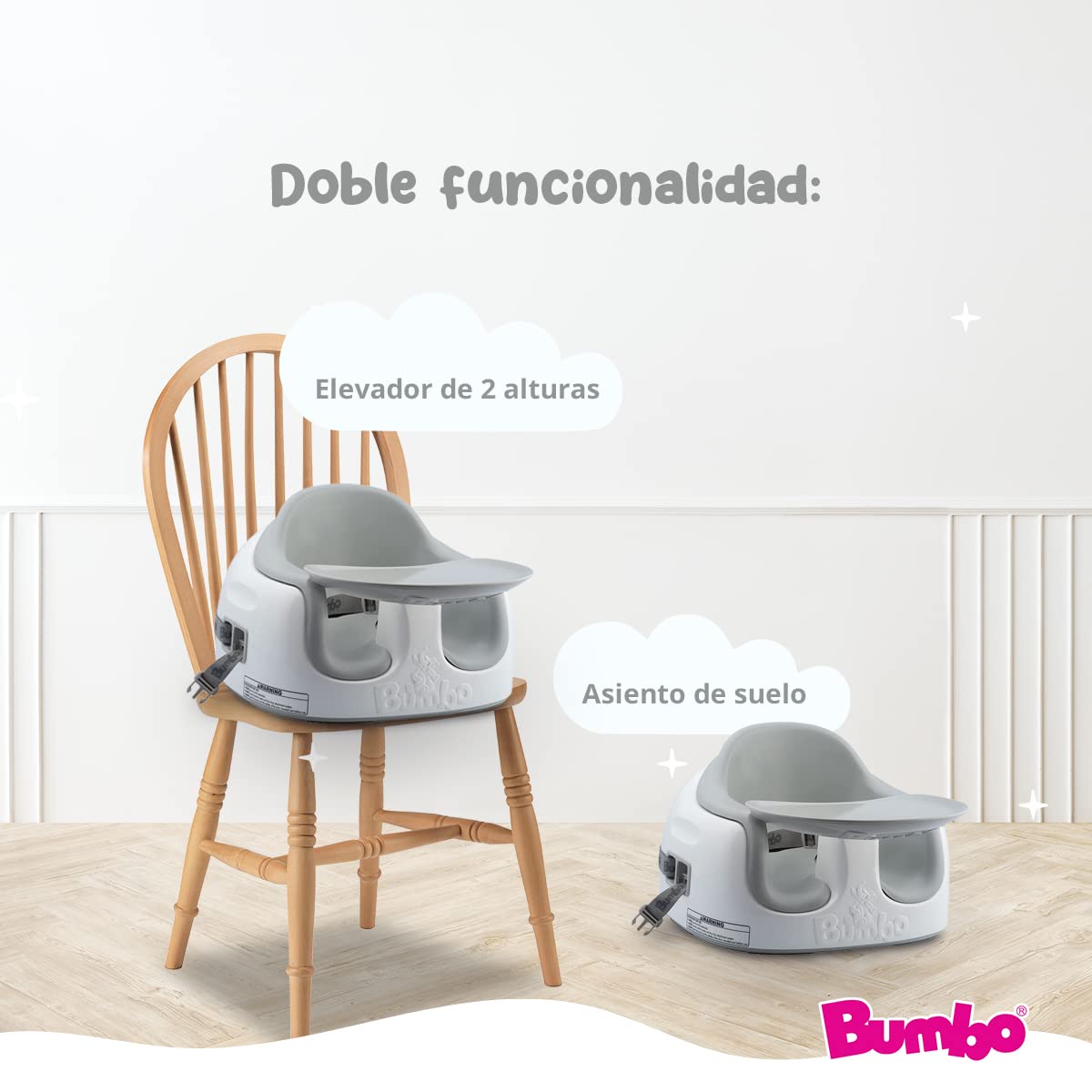Bumbo Multi Seat - Asiento para Bebé 3 en 1 - Asiento de Suelo, Trona Portátil y Alzador de Silla para Comer - Bandeja Extaíble y Altura Ajustable - Color Gris