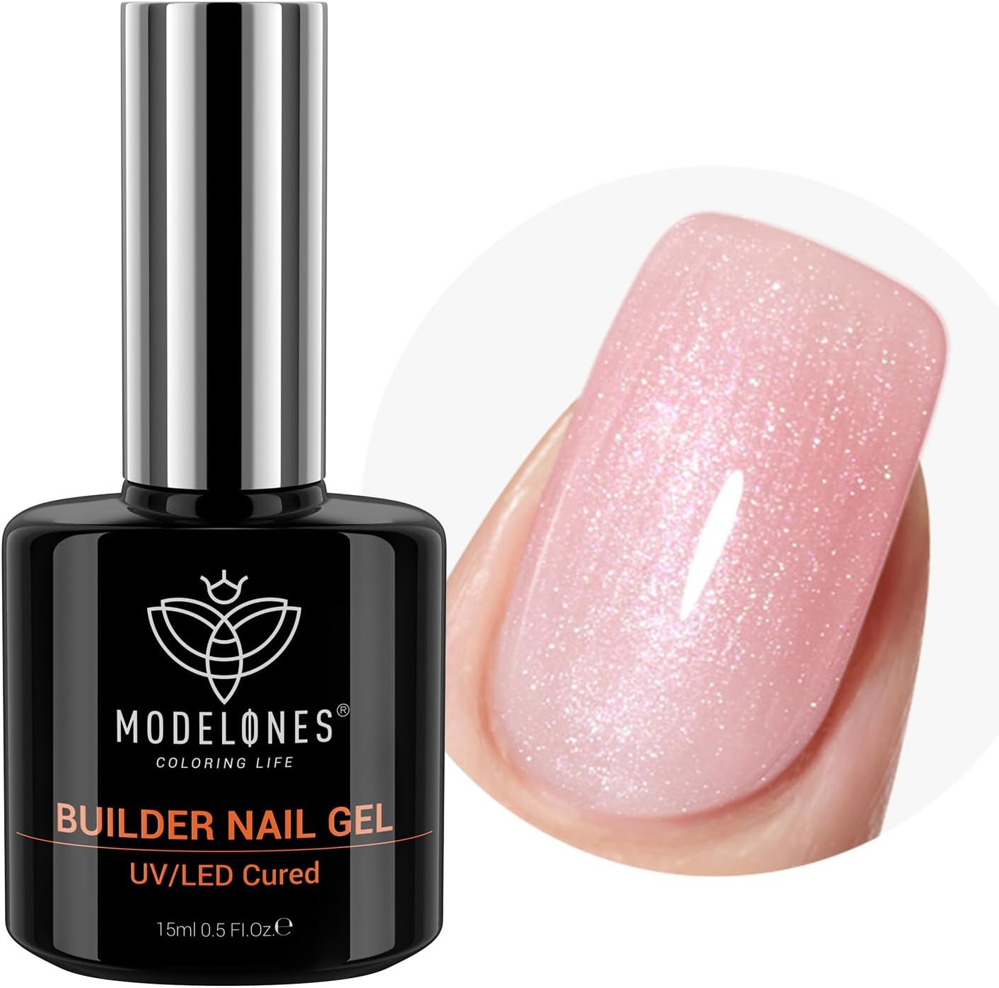 modelones Builder Nail Gel, 8-in-One Pink Shimmer Builder, Sparkle Glitter Pink Rubber Base Gel Polish LED Lamp Cured Hardener Color Base Strengthener Extension for Home DIY Salon Girls