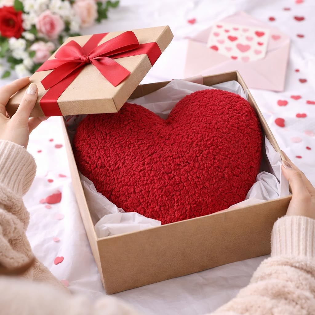 EVOLIVE Heart Pillow, 15x17 Inch Large Heart Shaped Sherpa Throw Pillow, Soft Plush Love Gift Cushion for Bed, Couch, Sofa, Living Room & Bedroom Decor, Indoor Outdoor Accent Pillow (Wine Red)