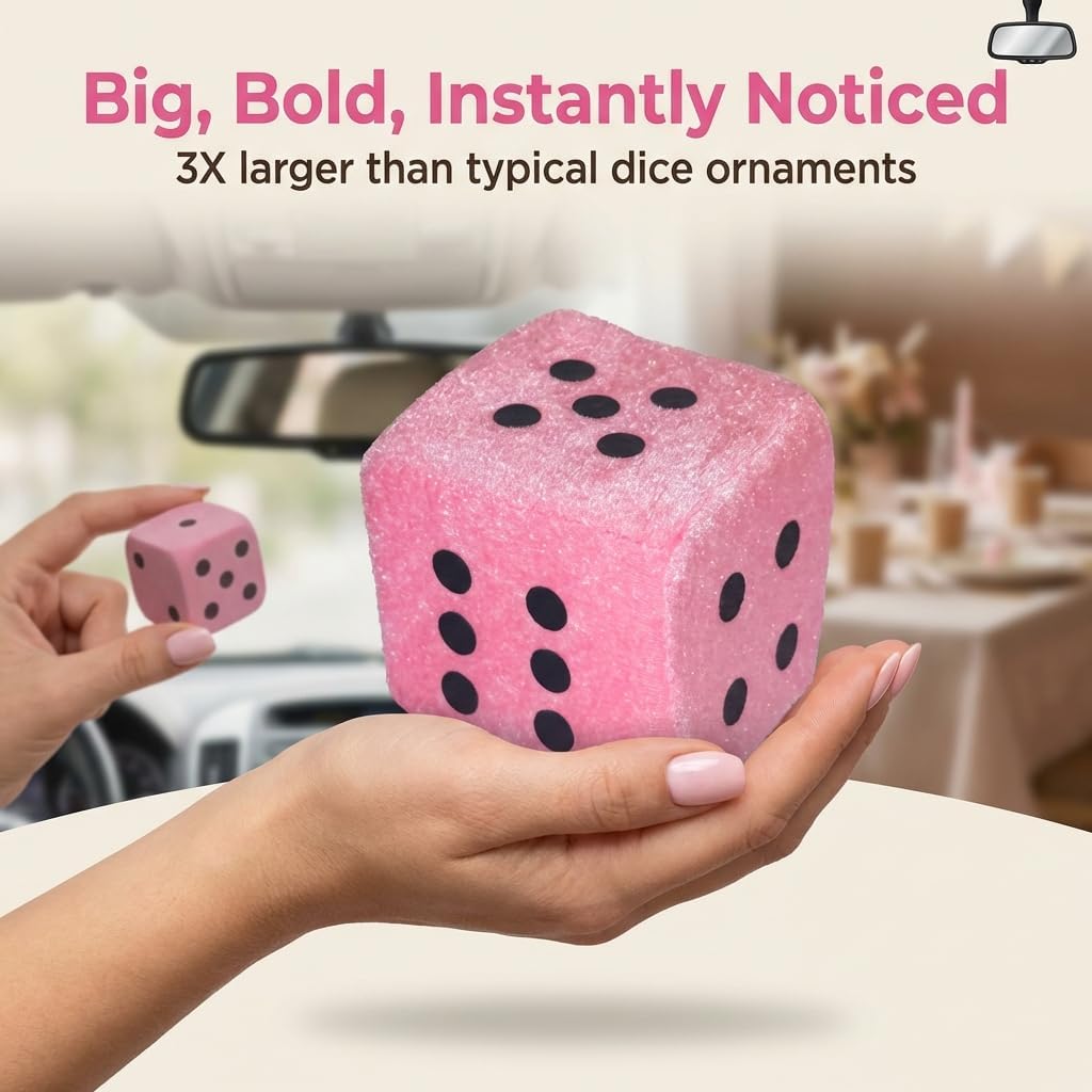 Large Pink Plush Dice for Bunco or Casino Party Decorations - 3.15" Square Pink Plush Dice with Black Dots. Bunco Party Supplies