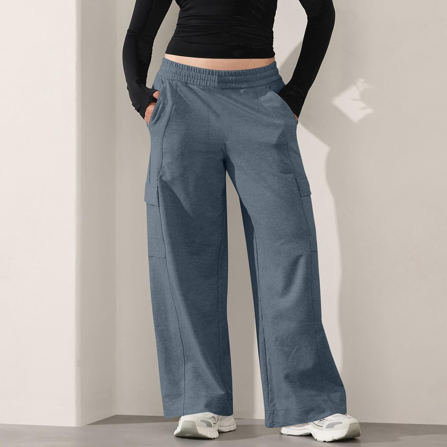 Wide Leg Sweatpants for Women Baggy High Waisted Palazzo Lounge Pants Loose Fit Pull On Cargo Trousers with Pockets