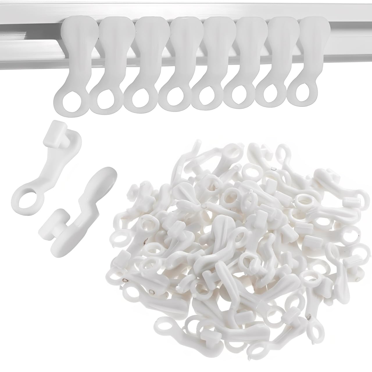 100PCS Curtain Hooks Plastic, Curtain Track Gliders Curtains Rail Sliding Hooks Runners Drapery Track Glider Hook Easy Fit White Durable Hook for Carava Living Room Bathroom Kitchen