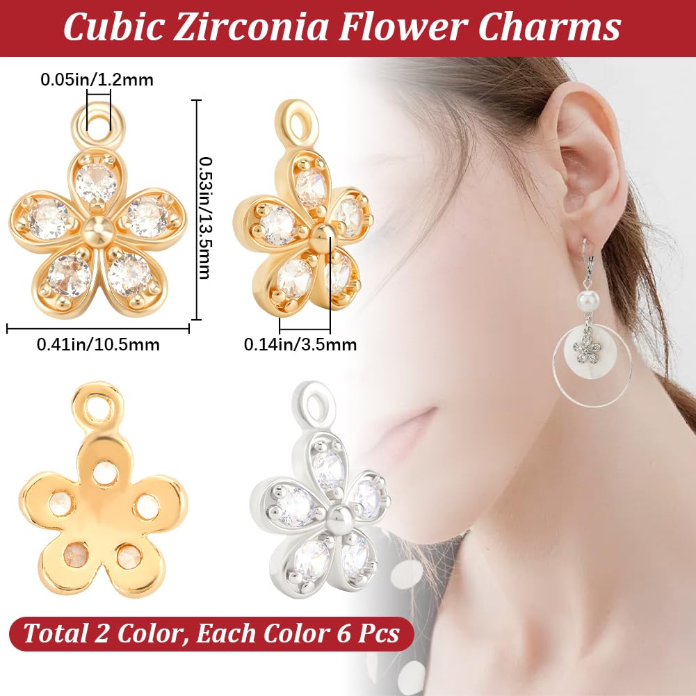 Beebeecraft 12Pcs Cubic Zirconia Flower Charms 5 Petal Flower Charm Gold Silver Brass Floral Charm for Jewelry Making 13.5x10.5mm for DIY Necklaces Earrings Bracelets - Image 2