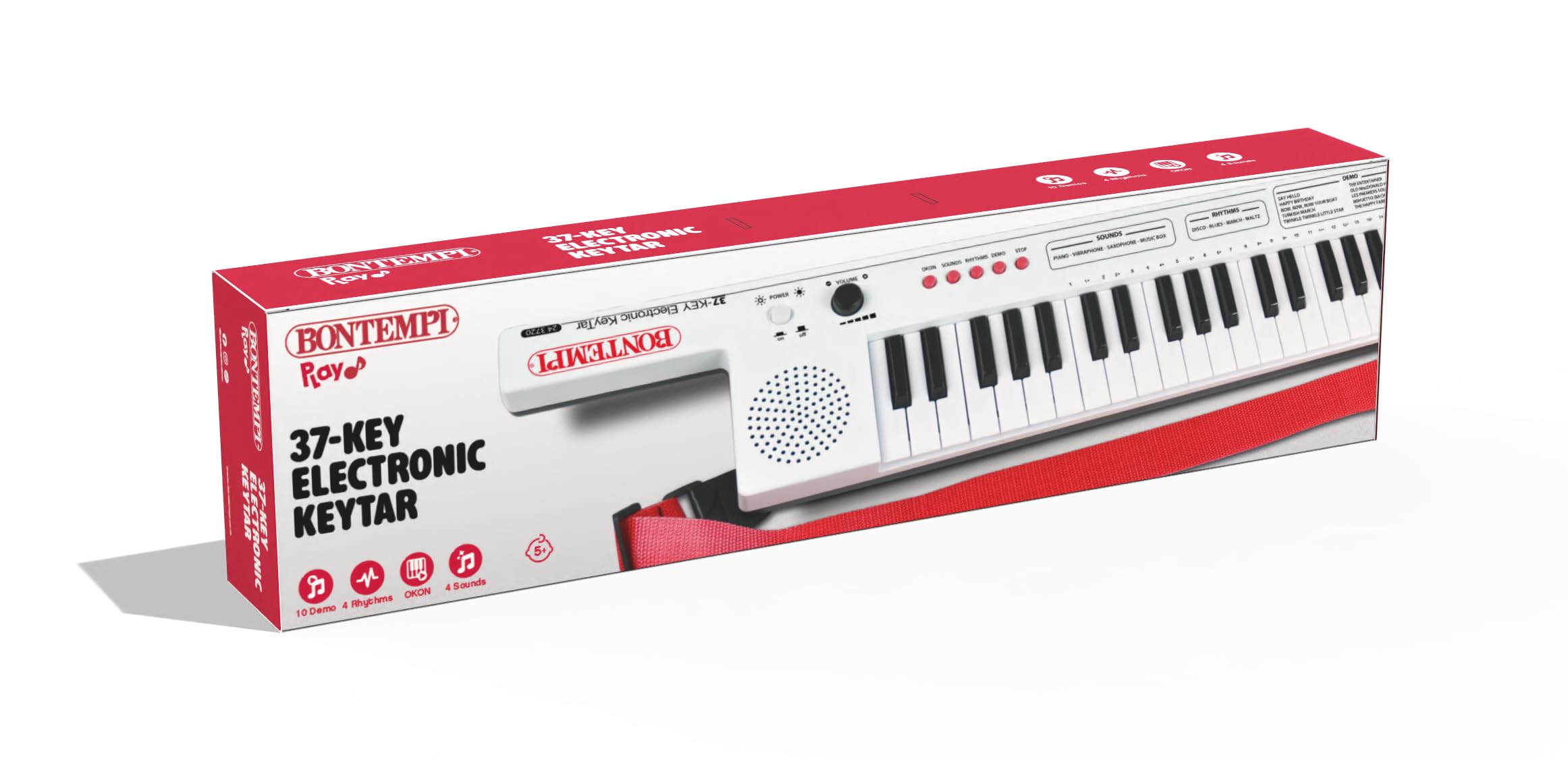 BONTEMPI - Elektronisches Keytar mit 37 Tasten mit 4 Sounds 4 Rhythmen 10 Vorab Aufgenommene Lieder Okon-Funktion Lautstärkeregler USB Typ-C Akkuladung Tragegurt Notenzeile 550x112x40 mm