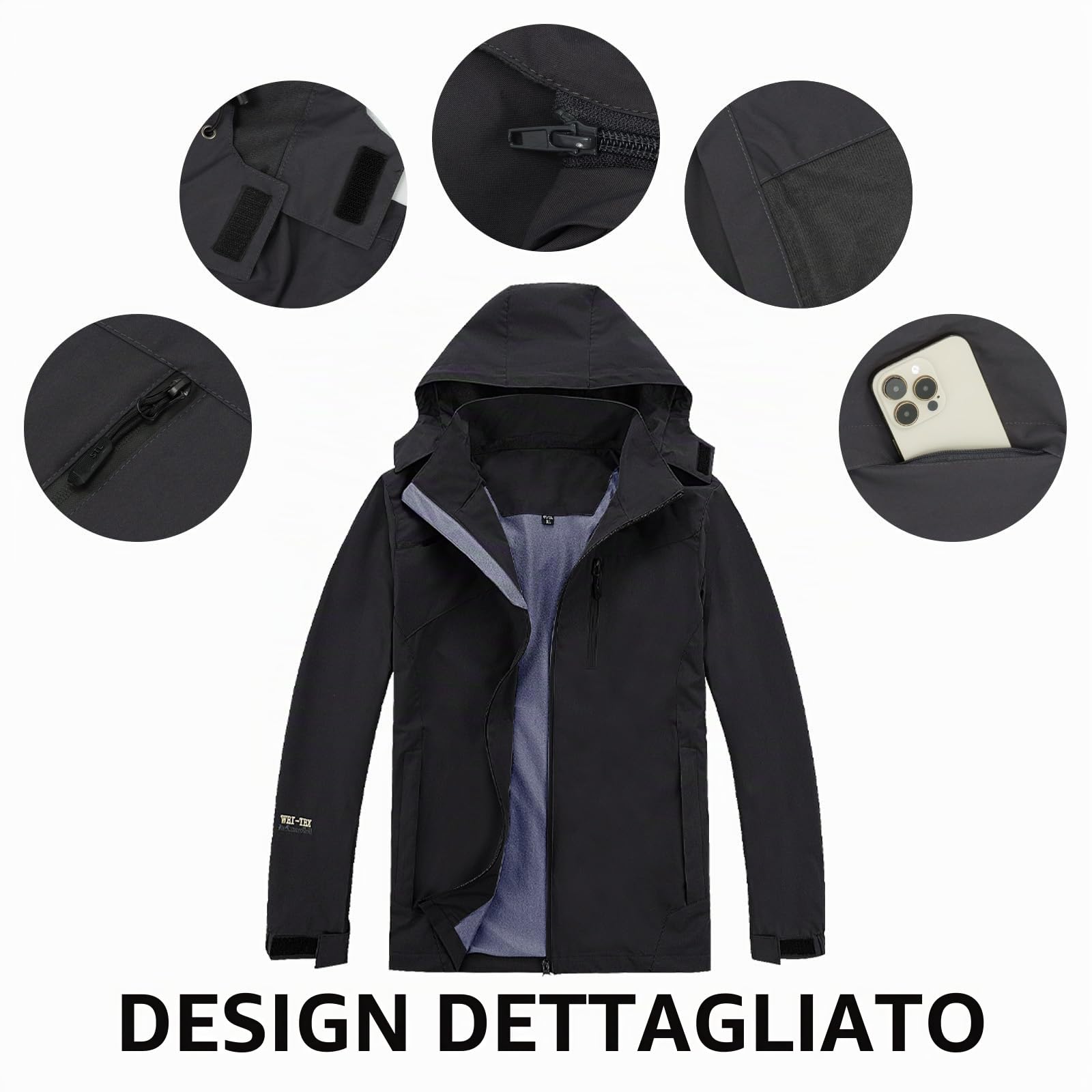 Uomo All’Giacca Antipioggia Impermeabile Cappotto Impermeabile Traspirante Tuta Antivento con Cappuccio Staccabile e Tasca con Cerniera