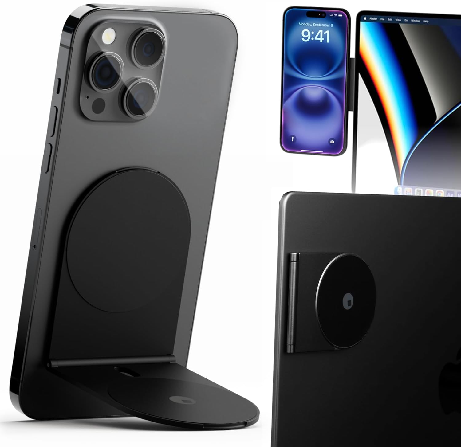 Rolling Square Edge Pro Core - Magnetic Mount Phone Holder Stand for Computers and Tablets | Secure Metal Plate Adhesive or Standalone Mode Compatible with MagSafe, Qi, and Non-MagSafe Devices, Black