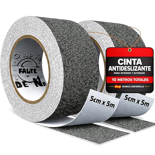 Cinta antideslizante negra pack 2 rollos 5cm x 5m total 10 metros cinta antideslizante escaleras suelos y rampas protección para niños mayores y mascotas uso interior y exterior certificación REACH