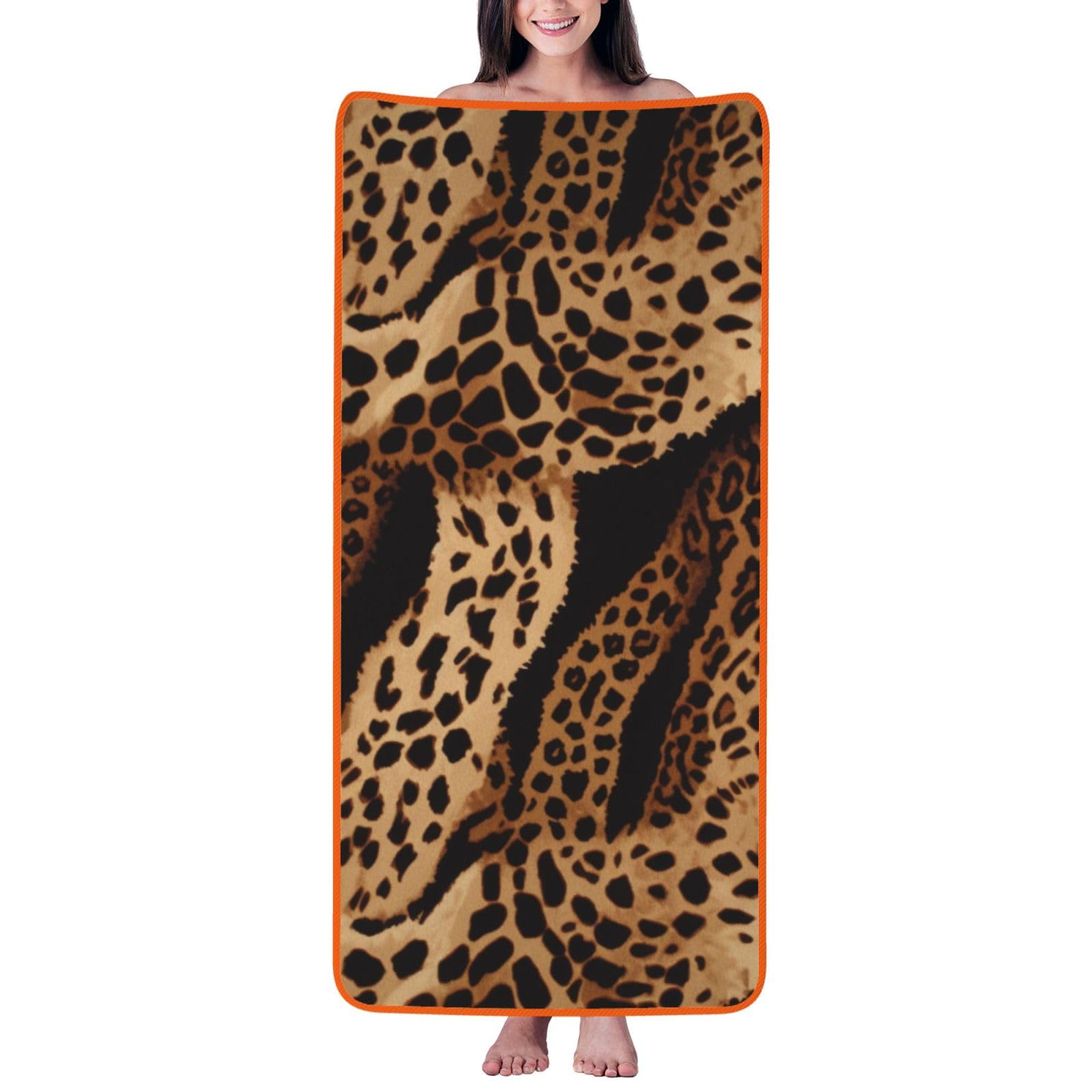 WPKJU Leopard Pattern Printed Bath Towel with Orange Edging - 27x55 in Soft Extra Absorbent Coral Velvet Shower Towels for Bathroom