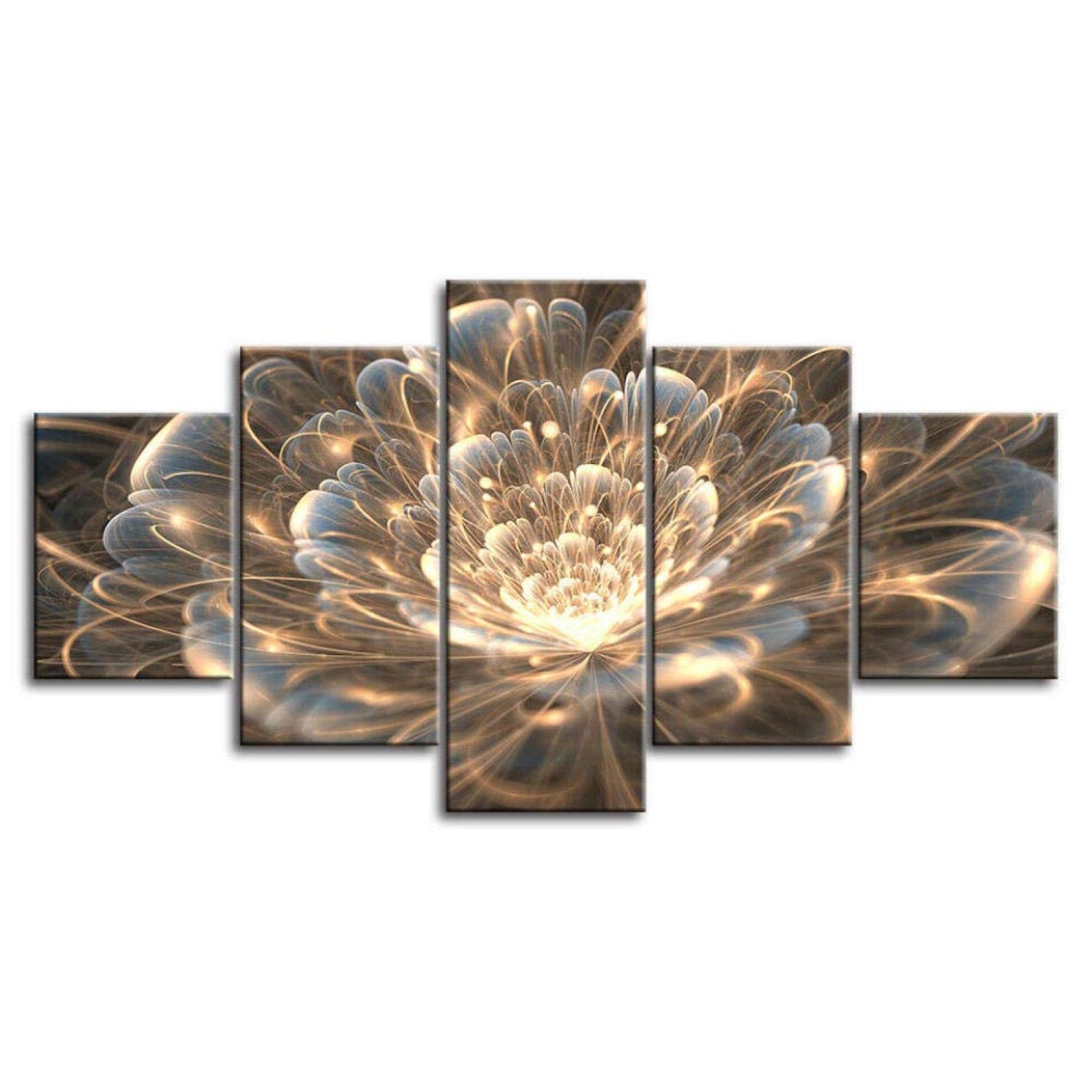 5 Pieces Multi Panel Canvas Painting Wall Art, Golden Rays Fractal Flower Abstract Pictures Prints On Canvas, Oil Painting Giclee for Home Decor Decoration Gift Piece (60"Wx32"H Frame)