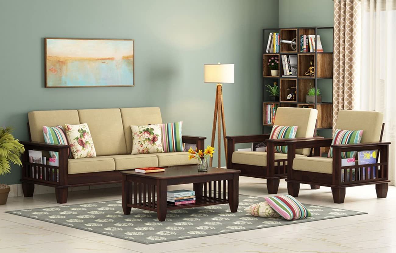 SM ARTS Solid Sheesham Wood 5 Seater Sofa Set with Center Table for Living Room | Wooden 3+1+1 Sofa Set with Coffee Table for Home | Five Seater Sofas with Storage & Cream Cushion | Mahogany Finish-image-2