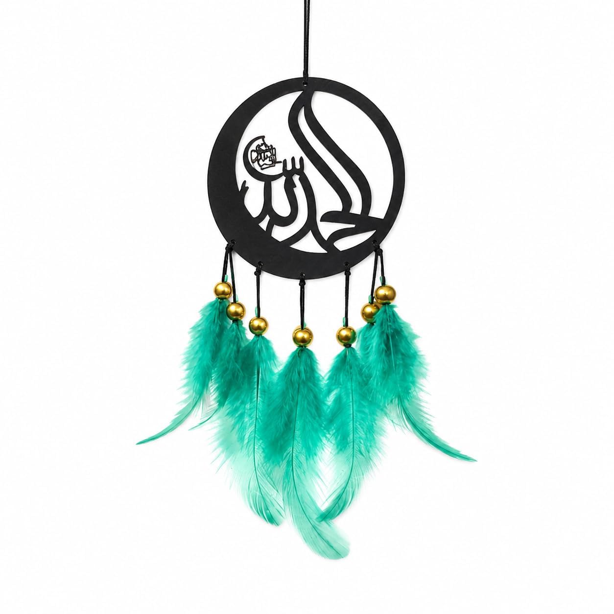 mikush Handcrafted Islamic Crescent Moon & Calligraphy Car Hanging Charm Dream Catcher with Emerald Green Feathers & Gold Accent Beads-image-41