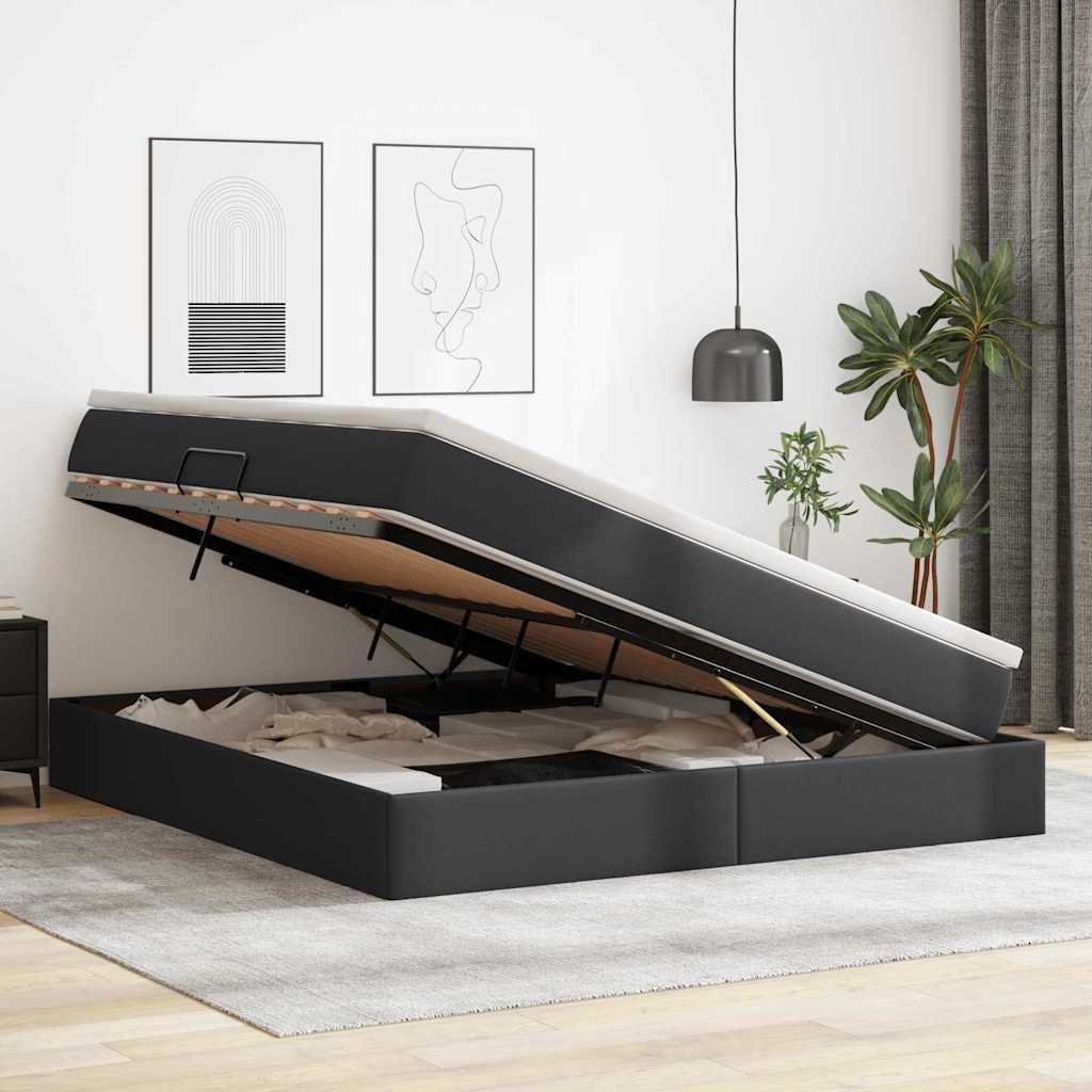 Łóżko ze sztucznej skóry, czarne, 180 x 200 cm z materacem, rama łóżka z miejscem do przechowywania i stelażem, podwójne łóżko z materacem piankowym i kieszeniowym