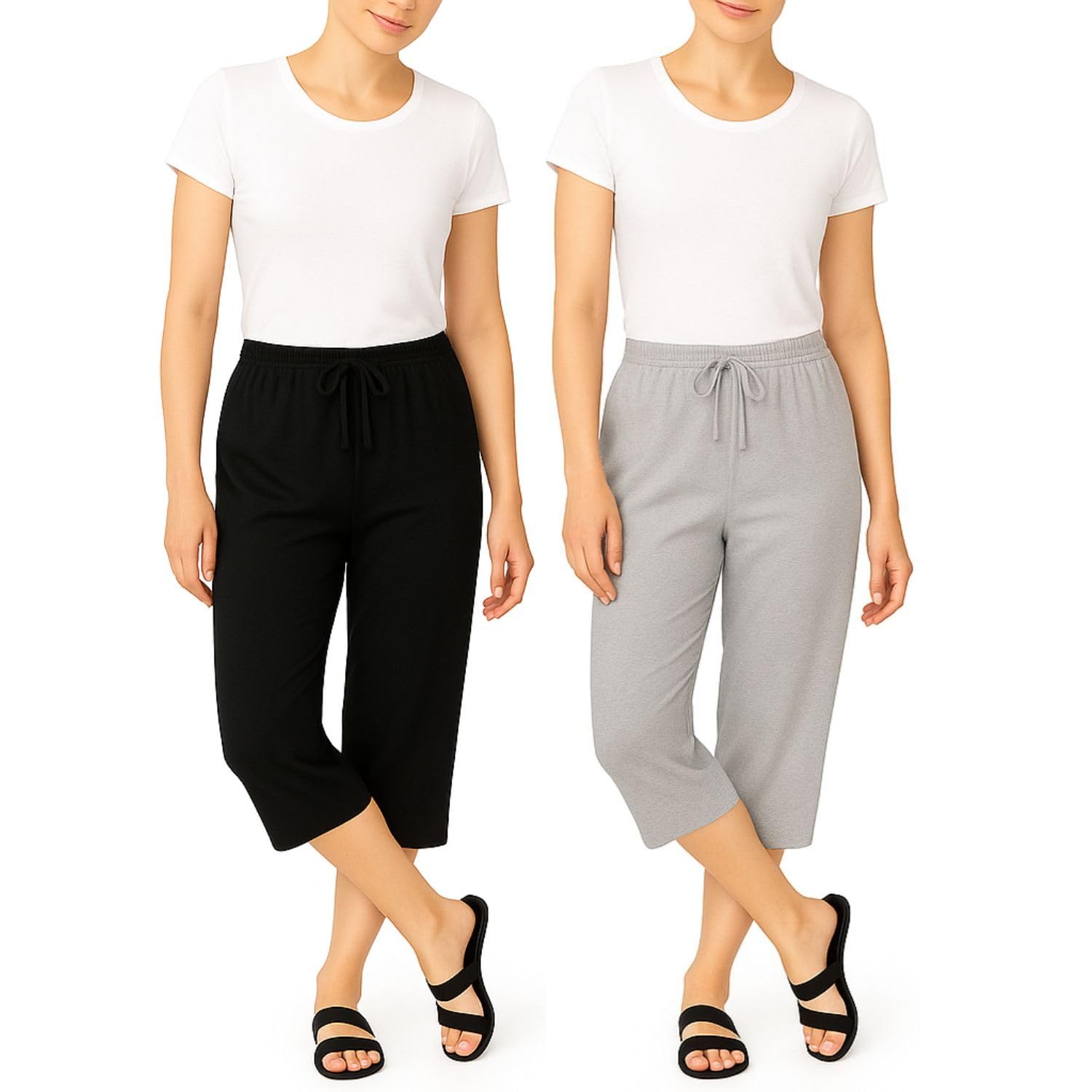 Women's Mid Waisted Capri Pants Casual Wide Leg Yoga Pants Loose Soft Pajama Pant For Womens Black, Grey (Pack Of 2)-picture-12