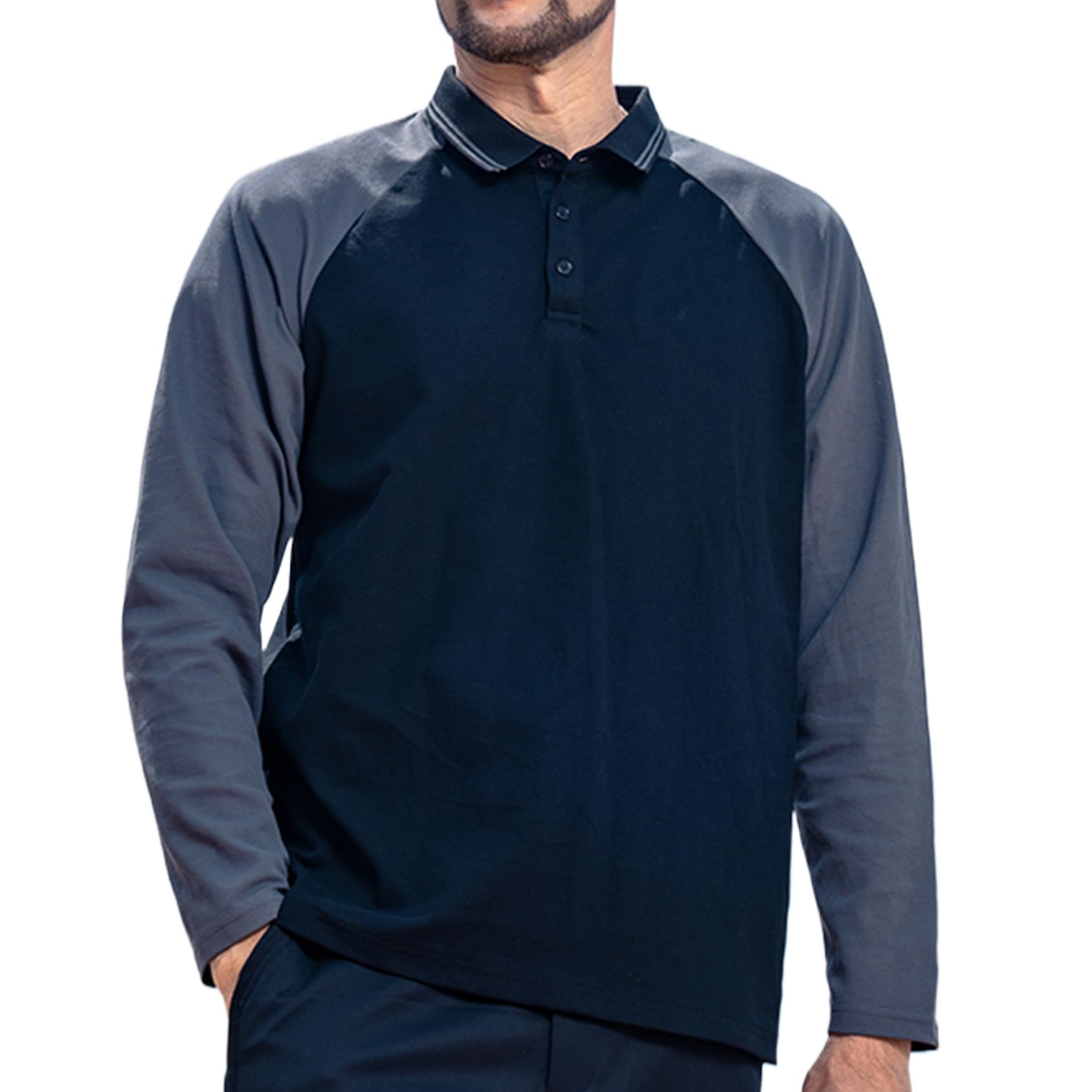 ZVX Men's Spliced Contrasting Polo Shirt, Heavyweight Raglan Sleeve Long Sleeved T-Shirt Dark Grey