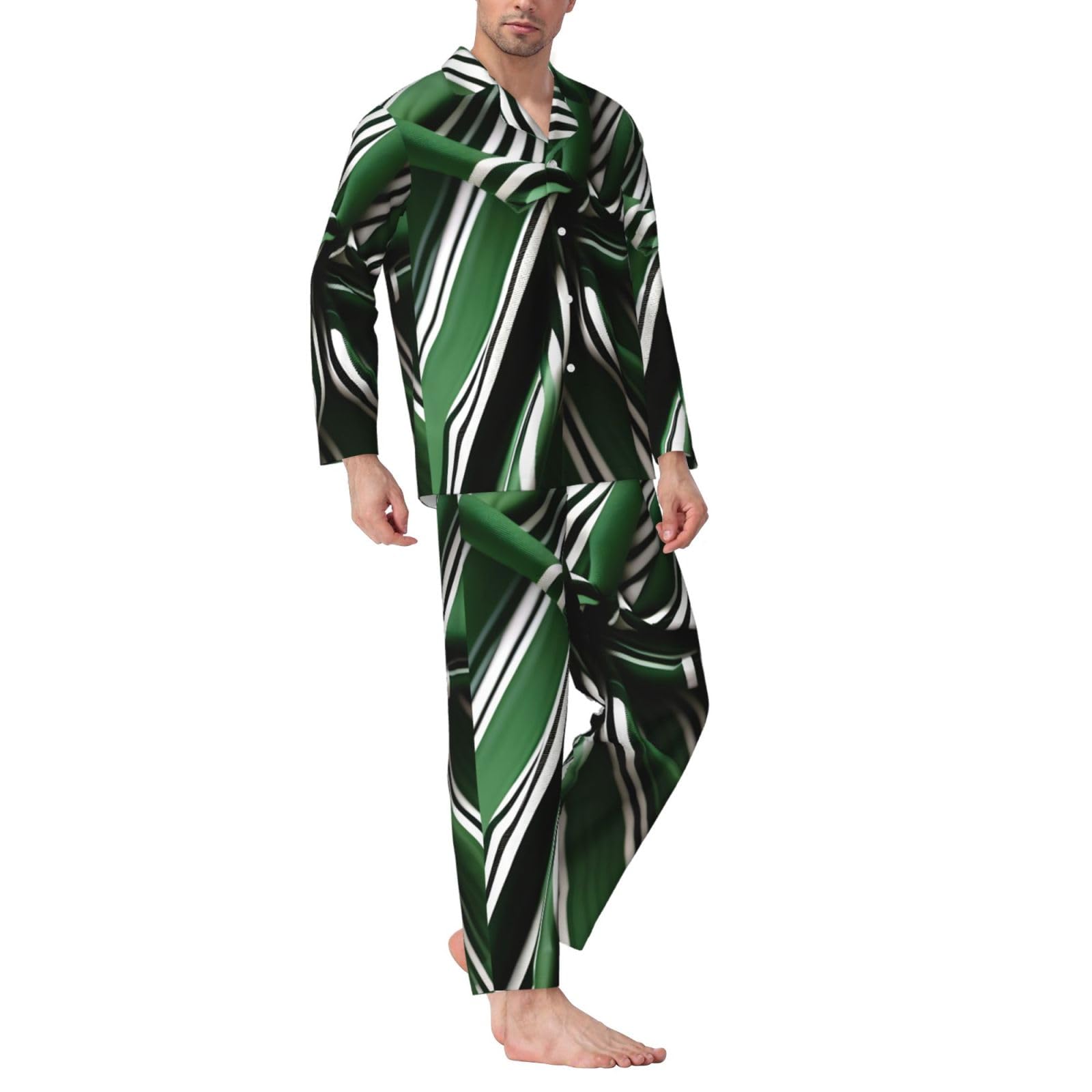 Pigiama a maniche lunghe da uomo con stampa a righe verdi classiche Set da notte in due pezzi Home Travel Outfit Lounge Pants