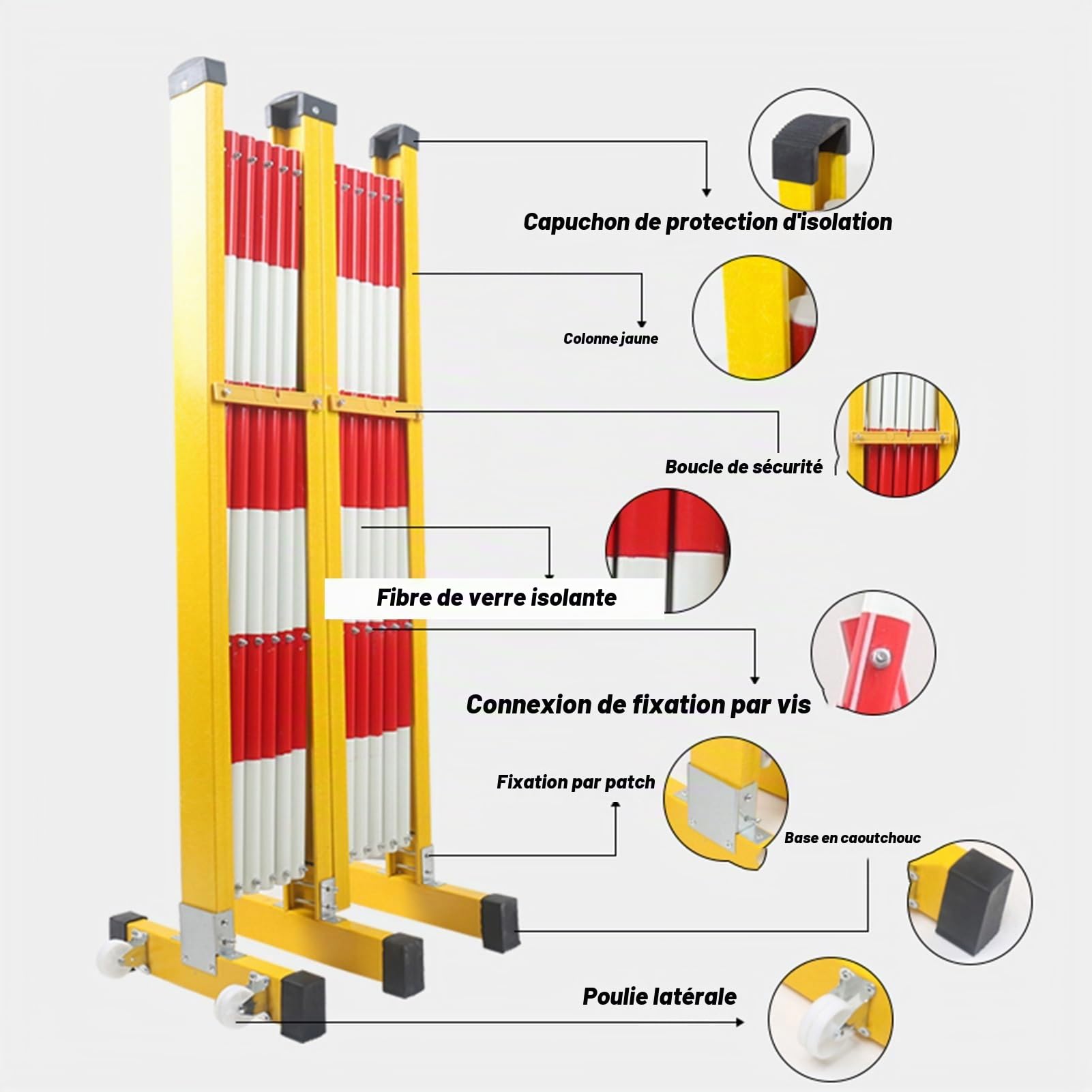 Barrière de sécurité pliable rétractable de 7,9 m avec roulettes – Clôture en métal extensible pour contrôle de foule en extérieur et barrière de chantier (200 cm)