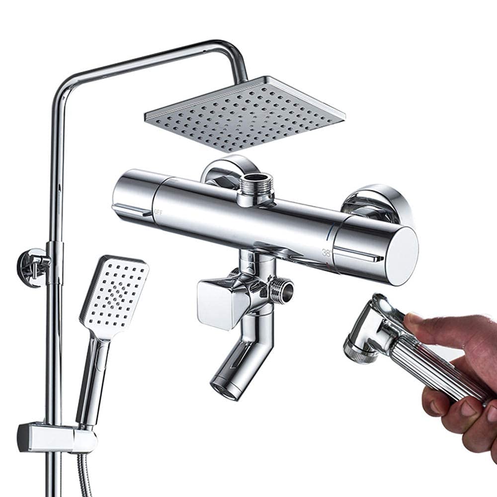 Sjdopulse Chrome Thermostatic Shower Mixer Set, Shower Kits With Overhead Shower Square Rain Shower Head With Sprayer 3 Modes Multifunctional Shower System-,