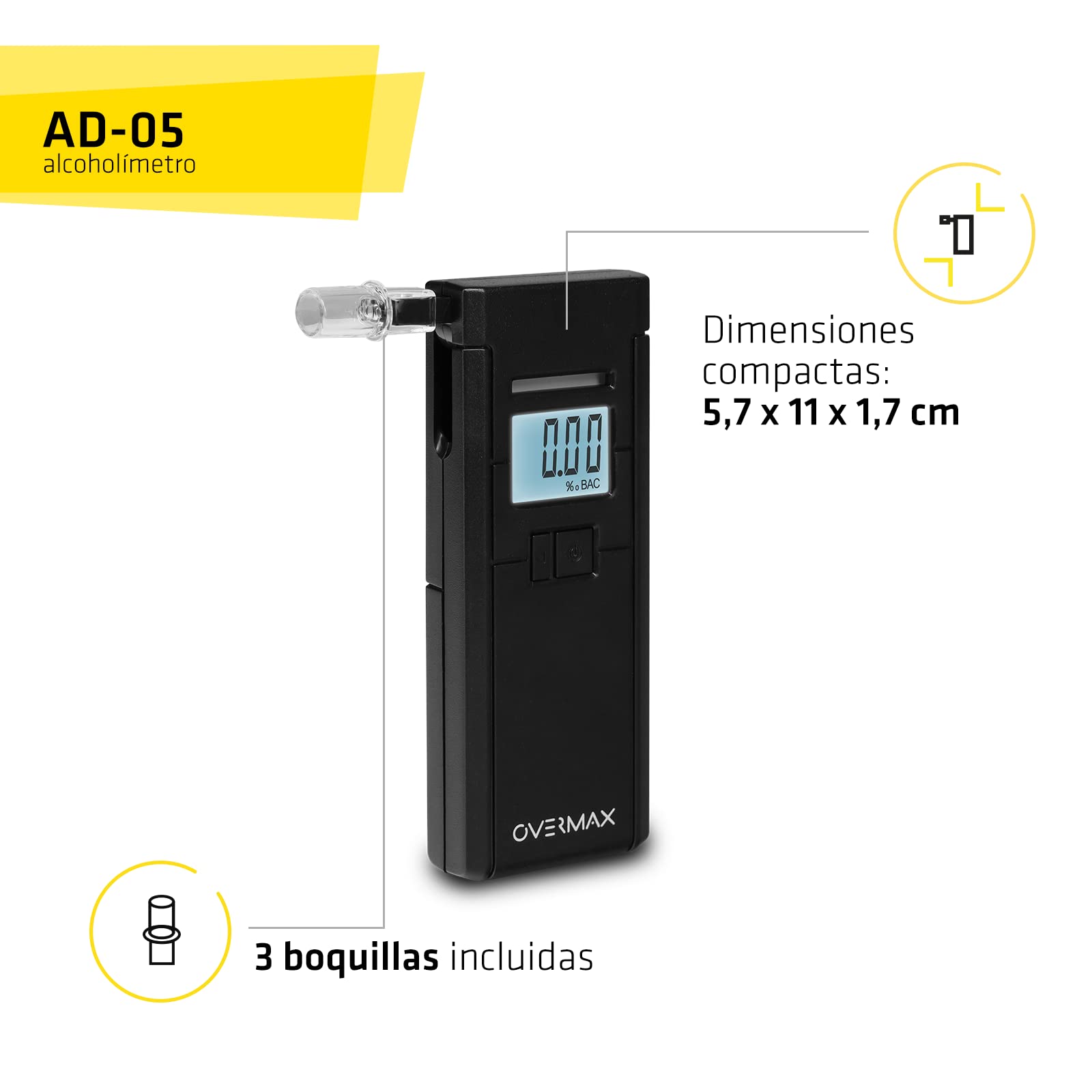 Overmax AD-05 Alkomat Professional, Sensor electroquímico, calibración, Tiempo de Respuesta 5s, Rango 0.00‰ a 2.00‰, 3 boquillas Incluidas, Fuente de alimentación con 2 Pilas AAA