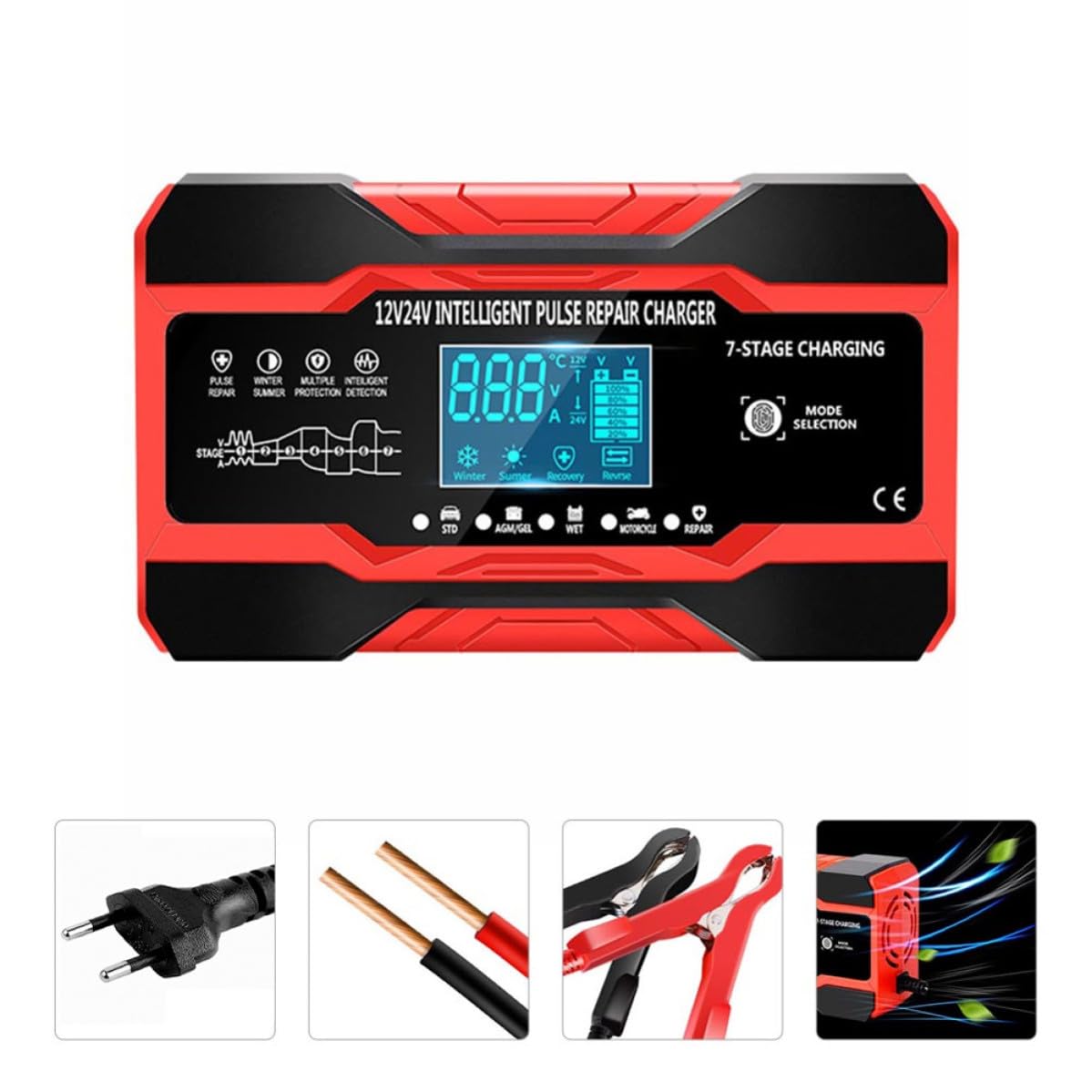 Tofficu Chargeur de Batterie Intelligent 12v 24v Rouge Portable Fonction de Réparation à Impulsions et Protections Multiples pour Voiture Usage Extérieur