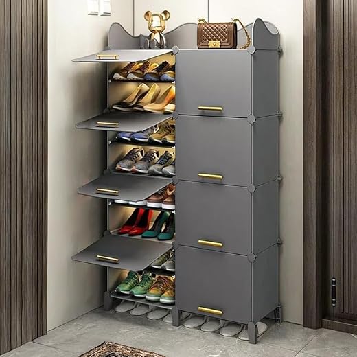EVRUM Plastic Shoe Rack for Home with Door, 8 Door 16 Shelf | DIY Shoe Stand Organizer Cabinet for 32 Pairs Storage | Port...