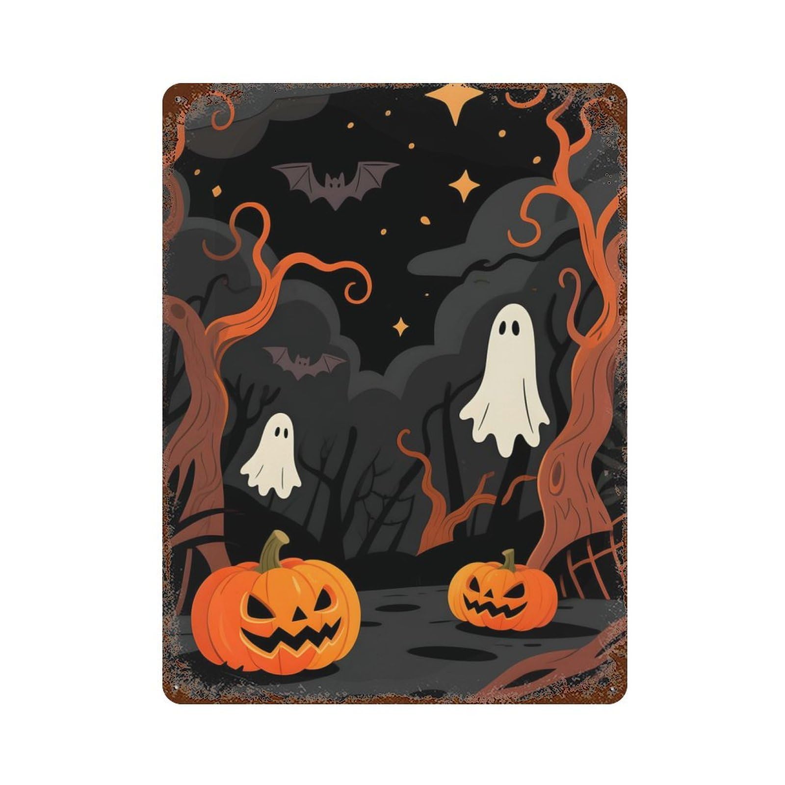 Distressed Metal Wall Sign Halloween Night Scene with Pumpkins And Ghosts 15.7"x11.8", Decorative Metal Wall Art for Farmhouse, Kitchen And Entryway Decor