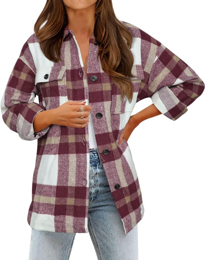 BTFBM Women's Long Sleeve Button Down Jackets Plaid Flannel Shirts Tops Casual Lapel V Neck Oversized Shackets Blouses Top