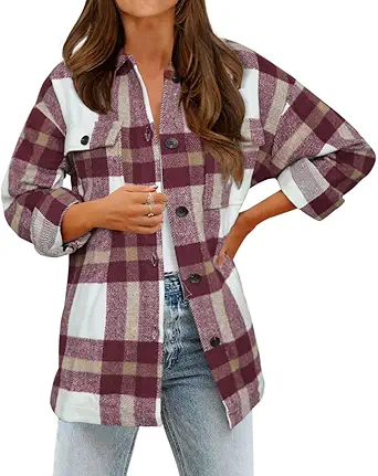 BTFBM Women's Long Sleeve Button Down Jackets Plaid Flannel Shirts Tops Casual Lapel V Neck Oversized Shackets Blouses Top