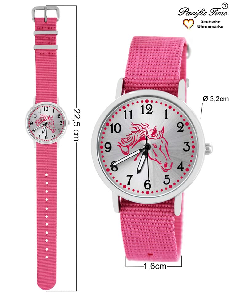 Pacific Time Kinderuhr Mädchen Pferdeuhr rosa Pferdekopf 2 Armbänder | Geschenk für Mädchen: rosa Pferdekopf, Sunray-Zifferblatt, 2 Armbänder, fluoreszierende Zeiger, 5 ATM wasserdicht
