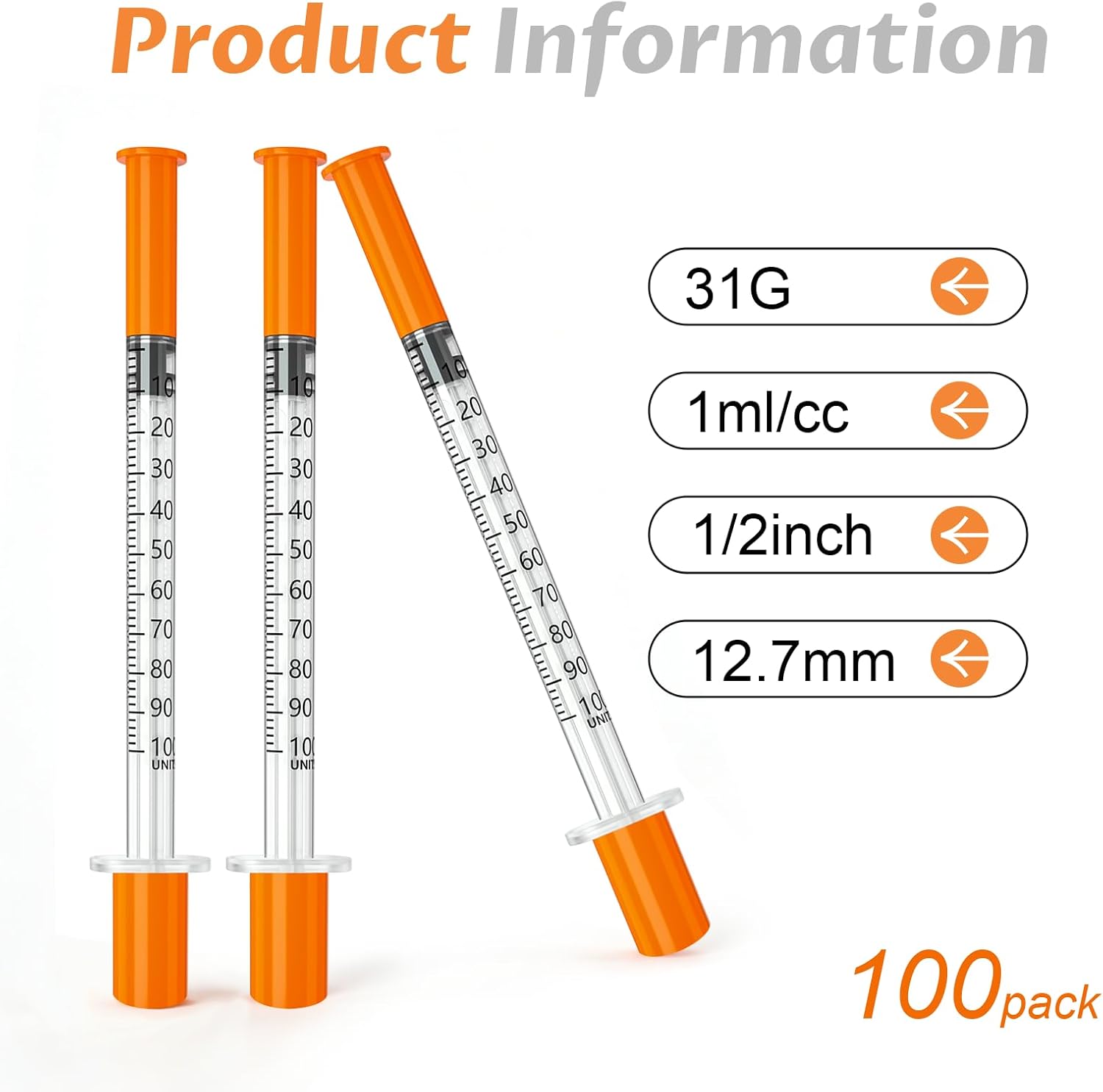 Jeringas con agujas para inyectar, U-100 31G 1ml 1/2"(12.7mm) jeringas, Pack of 100