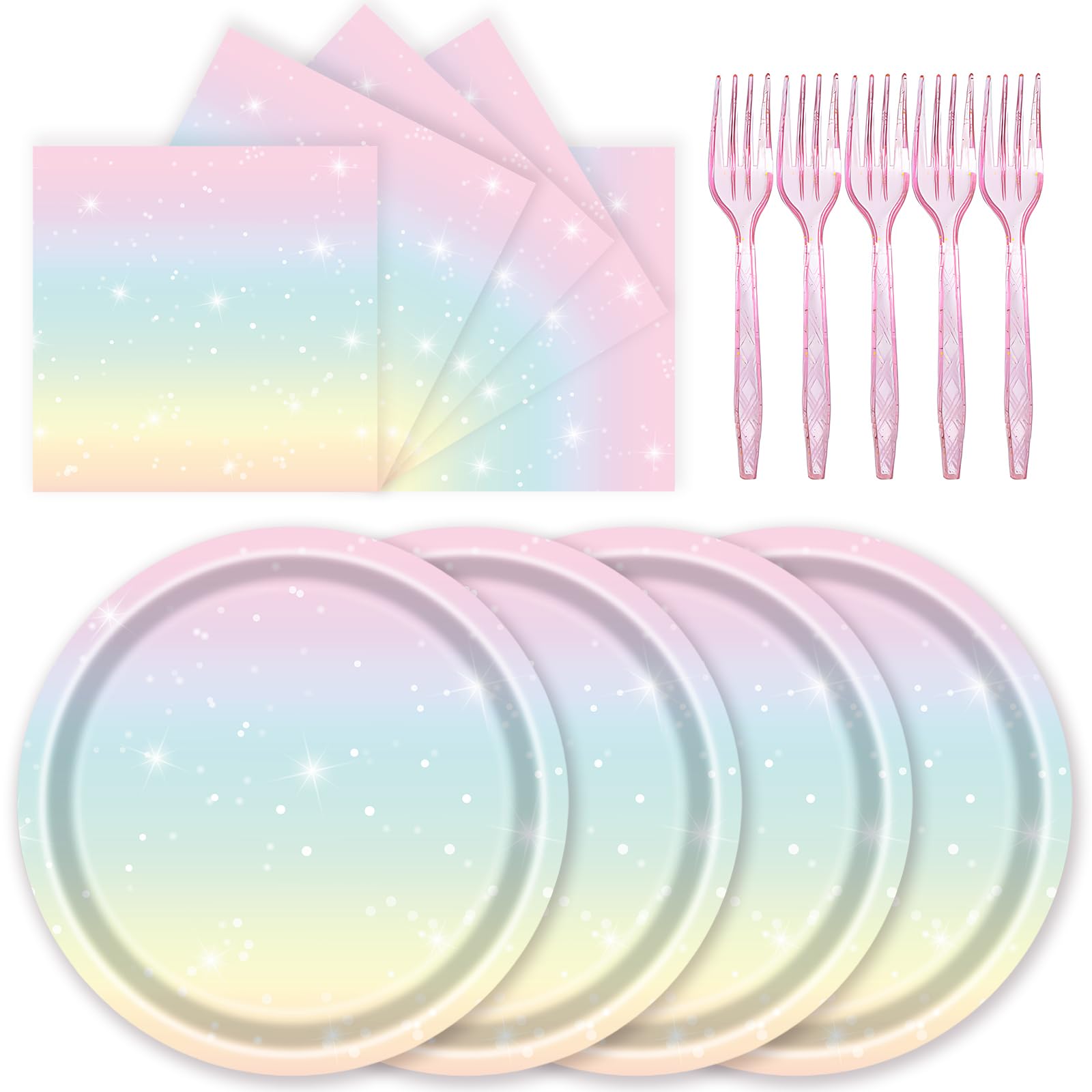 72 Pcs Pastel Rainbow Paper Plates 7in Disposable Birthday Dessert Plates Napkins and Forks Party Tableware Set Decoration Supplies for Girls Birthday