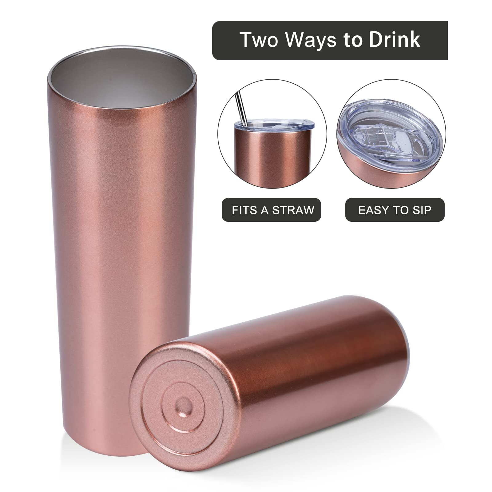 Skinny Reisebecher, 590 ml, 4 Stück, Edelstahl, schmale Trinkgläser mit Deckel, Strohhalm, doppelwandig, isoliert, schmal, für Kaffee, Wasser, Tee, Roségold