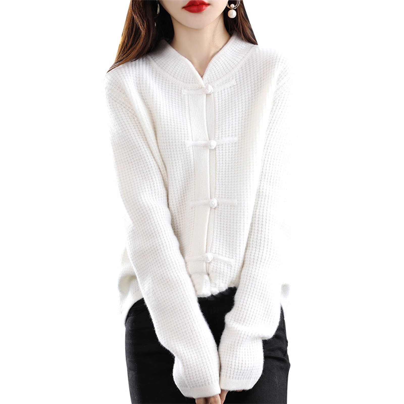 AGAATI Jersey de Punto para Mujer, cárdigan de Cachemira, Top de Punto de Lana con Hebilla Vintage, Rojo, XL, suéter de Manga Larga (Blanco M)