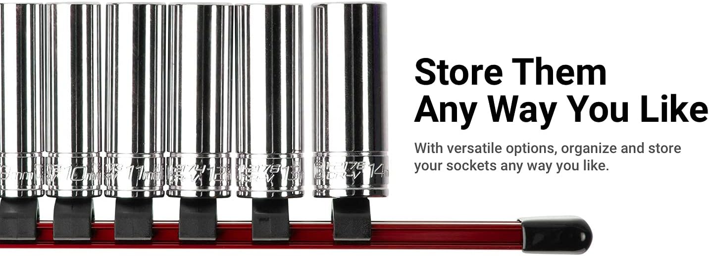 Capri Tools Aluminum Socket Rail, 1/2 in. Drive, 17 in. Long, 16 Socket Clips, Red image 2