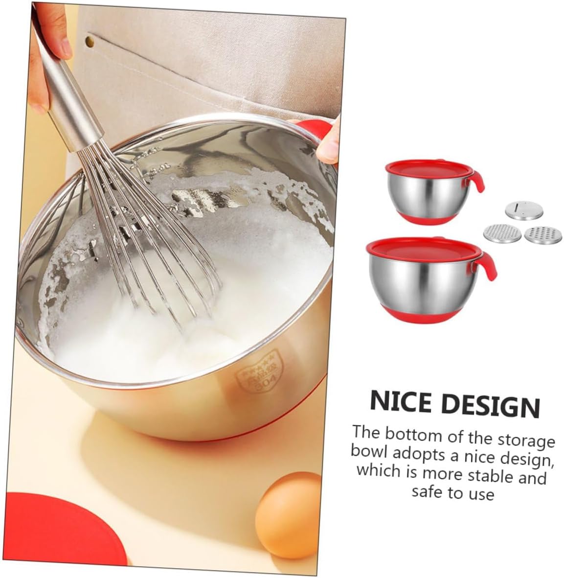 Stainless Steel Mixing Bowls Set with Silicone Base, Red Handle 18cm 20cm, Includes 2 Letter Covers and 3 Graters, Multi-function Kitchen Salad and Dough Bowls for Food Prep