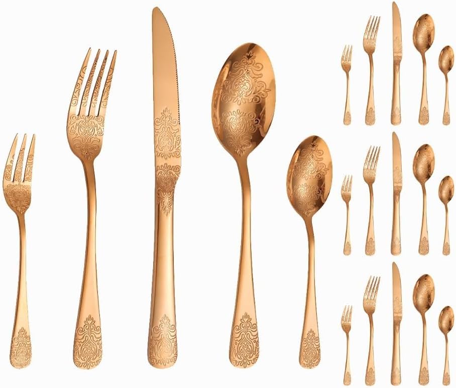 Retro Relief Pattern Kitchen Stainless Steel Silverware Tableware Flatware Cutlery Set Steak Knife Fork Spoon Teaspoon (Rose Gold,20 pieces)