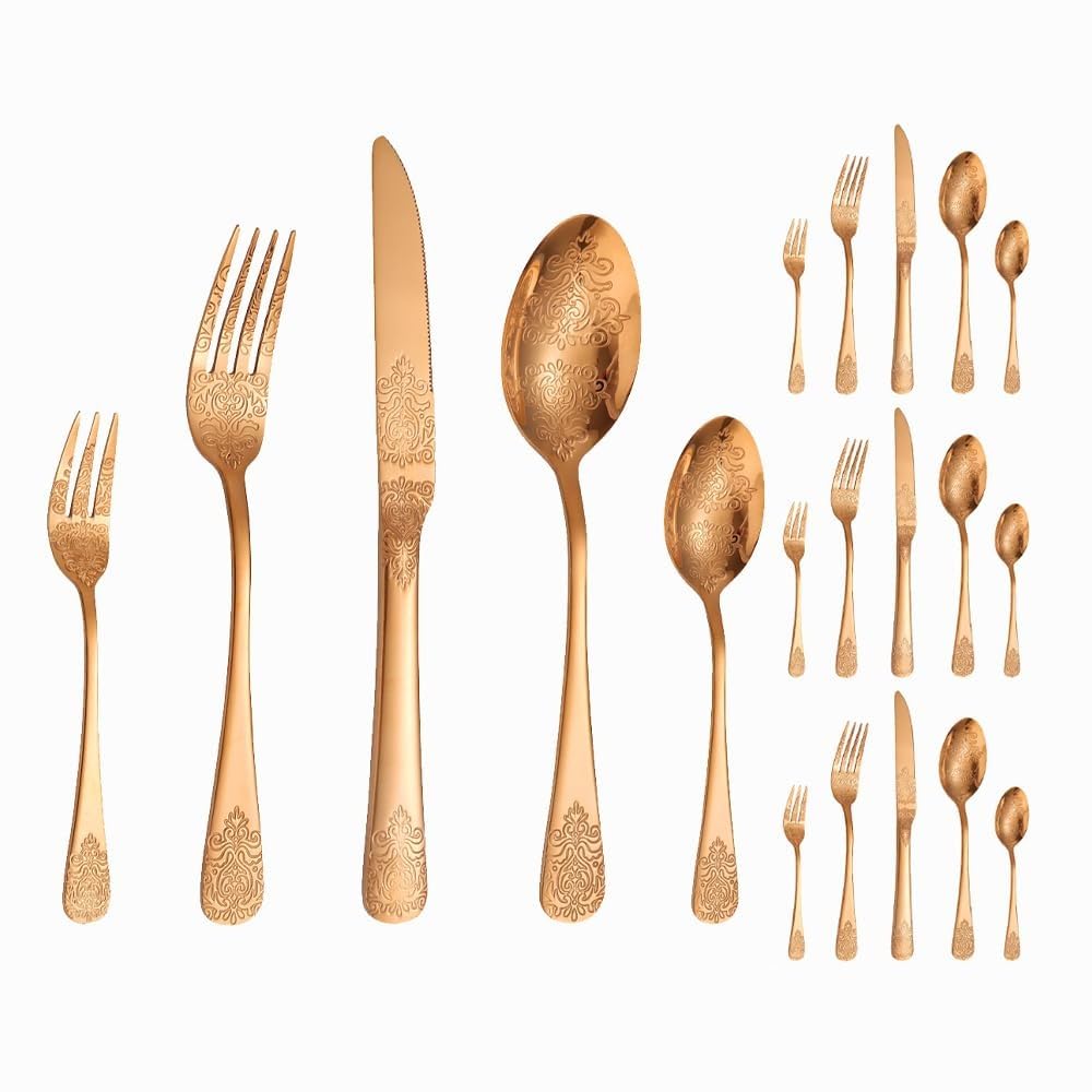 Retro Modello in Rilievo Cucina in Acciaio Inox Posate Posate Posate Set Coltello Da Bistecca Forchetta Cucchiaio Cucchiaino (Oro rosa,20 pezzi)