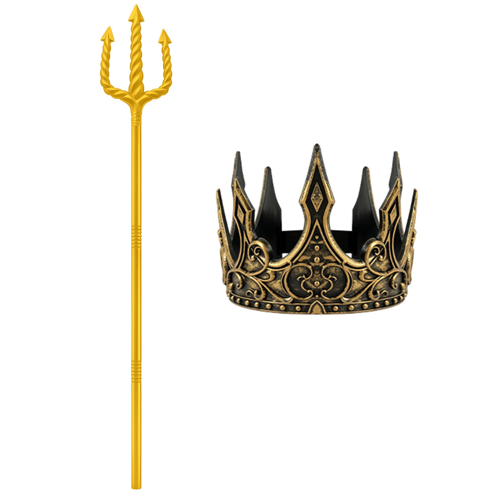 YIERM 2 Pcs King Neptune Trident Gold Tridents Crown Plastic Spear Toys Poseidon Costume King Neptune Prop Aquaman Cosplay Accessory for Halloween Adults Dress Up Party