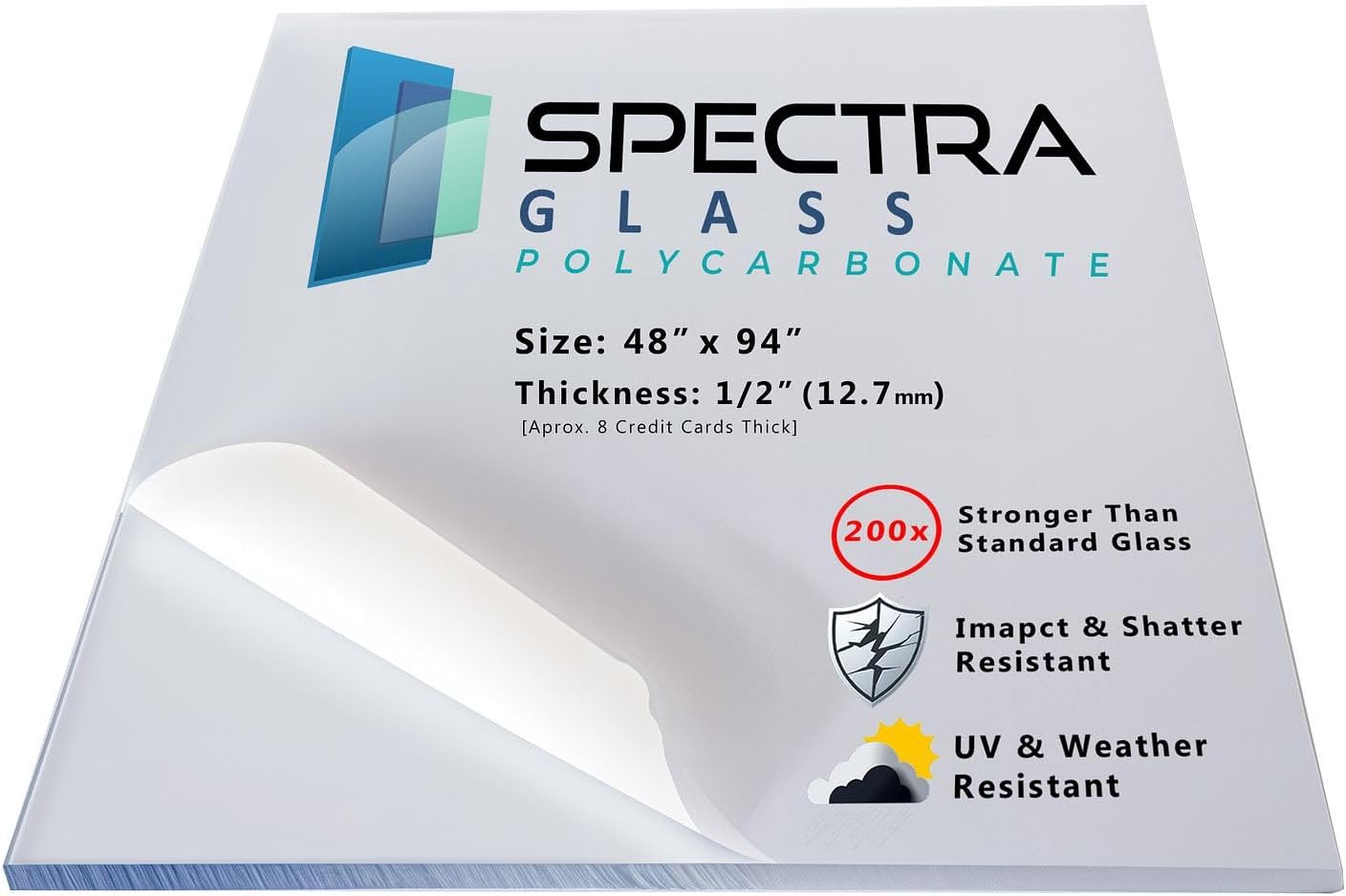Spectra Glass Clear Polycarbonate Plastic Sheet. Stronger Than Plexiglass Sheets. UV, Impact, Weather Resistant. Sizes Nominal Cut Within +-1/8". Made in USA. 48" x 94" (1/2" Thick)