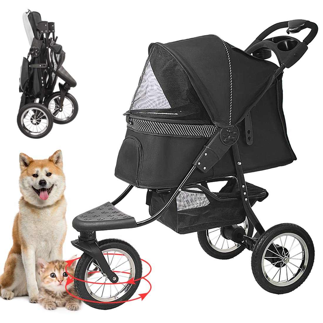 Pet Stroller, NOZIP Dog Stroller for Medium Large Dogs and Cats, Zipperless Folding