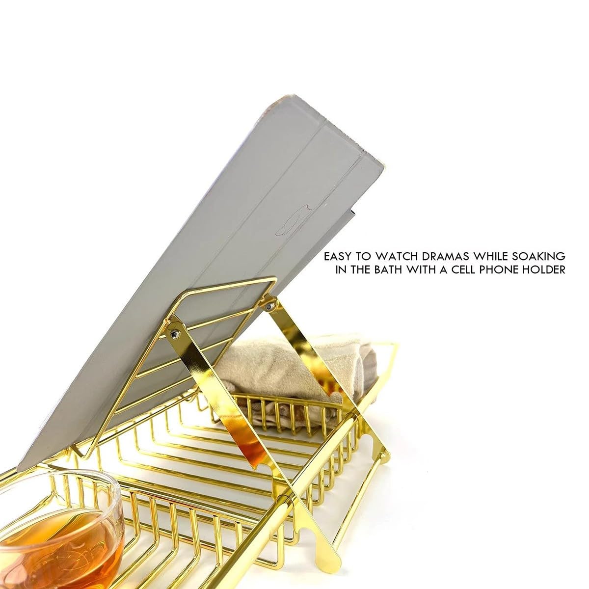 Bandeja Bañera Bambú Extensible Estantería Baño Antideslizante Soporte Tablet Ajustable con Hueco Copa Vino Portavelas Jabonera Toallero para SPA Relajación Baño