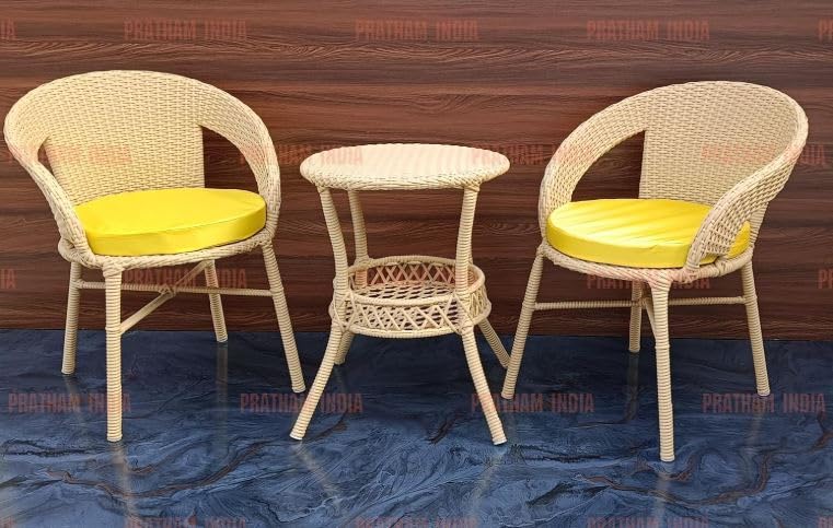 Image of India 3 Piece Outdoor Indoor All Weather Wicker Patio Furniture Set 2 Wicker Rattan Chairs and Table for Balcony Garden Patio Porch Poolside Backyard Furniture (Honey + Yellow Cushion)