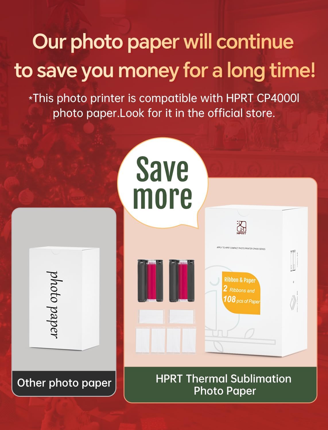 HPRT photo paper and ribbon cartridges for the CP4100-108 printer.