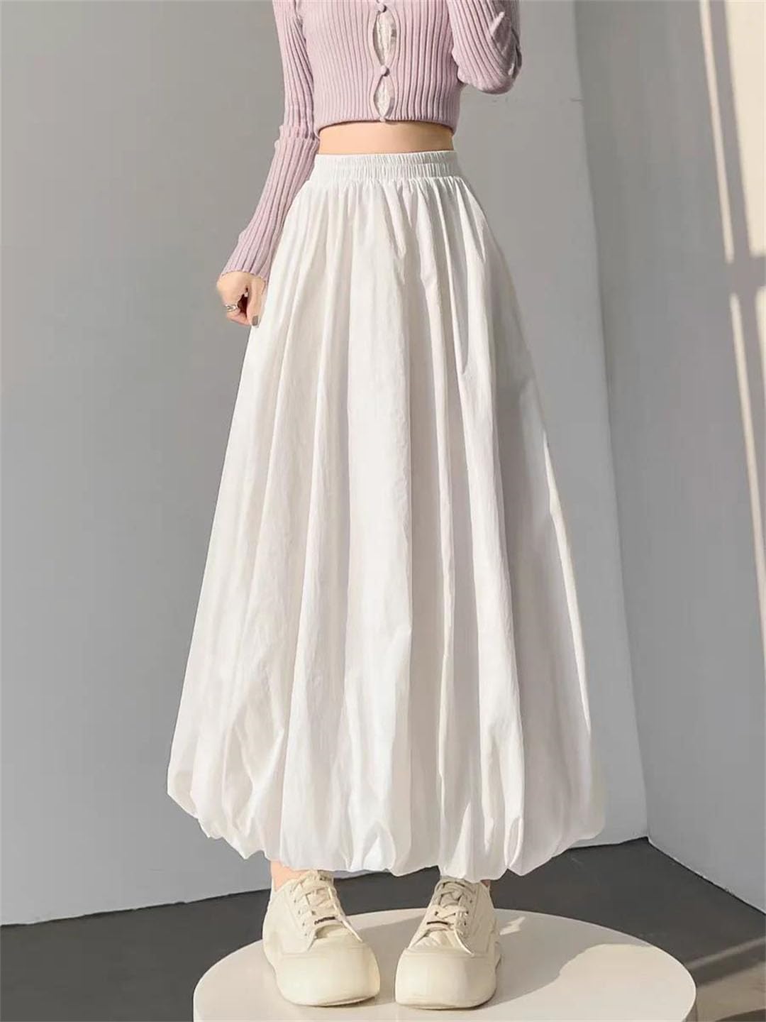Women's High Waist A-Line Midi Skirt Featuring A Puffy Hemline and Folded Detail for A Unique Blooming Silhouette