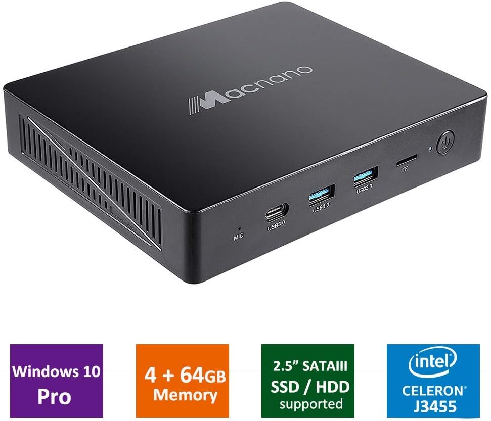 AWOW Mini PC, Intel Celeron J3455 /4GB DDR3 /64GB/ SATA III SSD HDD M.2 SSD Support/Dual Band Wi-Fi/Gigabit Ethernet/4K@30Hz Windows 10 Pro Fanless Desktop Computer