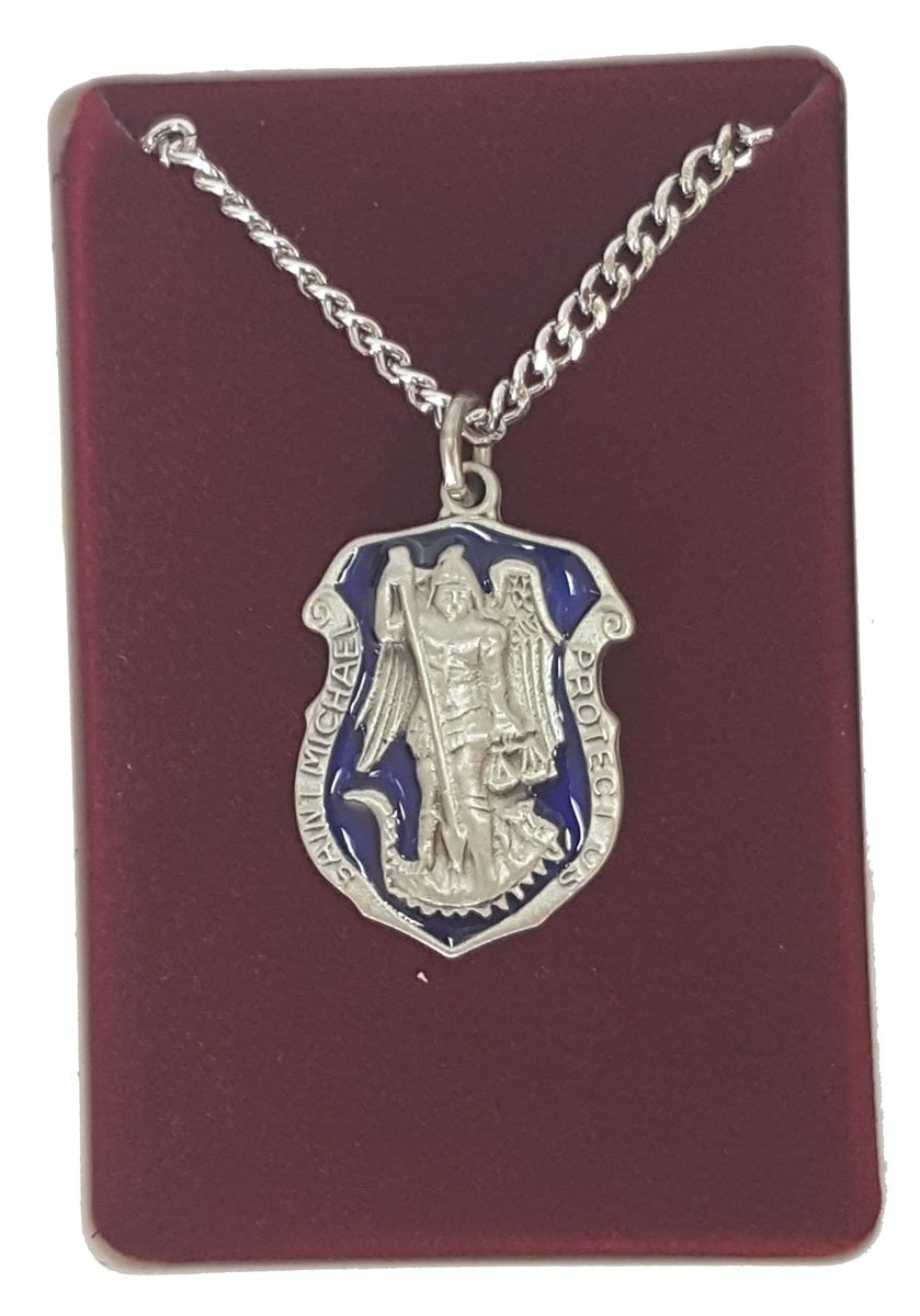 McVanBlue Enameled Pewter St. Michael Medal Pendant Necklace 24" Silver Tone Chain in Gift Box